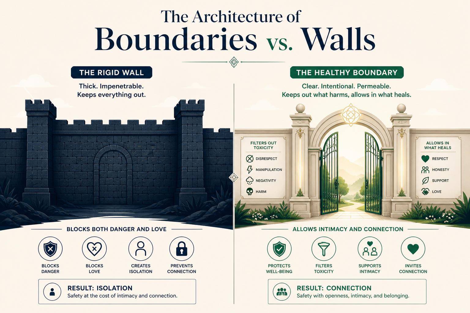 Figure 30.1: The Architecture of Boundaries vs. Walls illustrating how healthy boundaries filter harm while preserving connection.